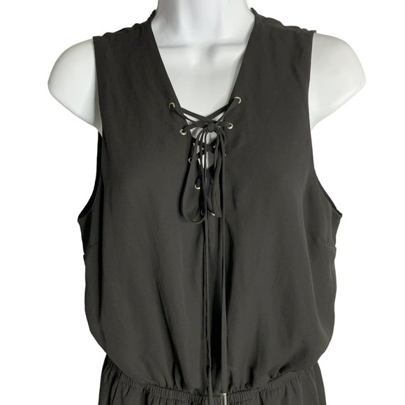 Love Tree Sleeveless Jumpsuit L Black Pockets Elastic Waist Lace Up V Neck - Picture 2 of 6